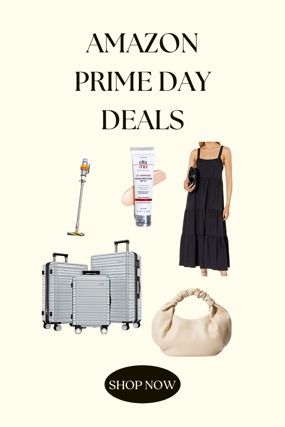 amazon prime day deals featuring suitcases, vacuum, purse, black dress and skincare