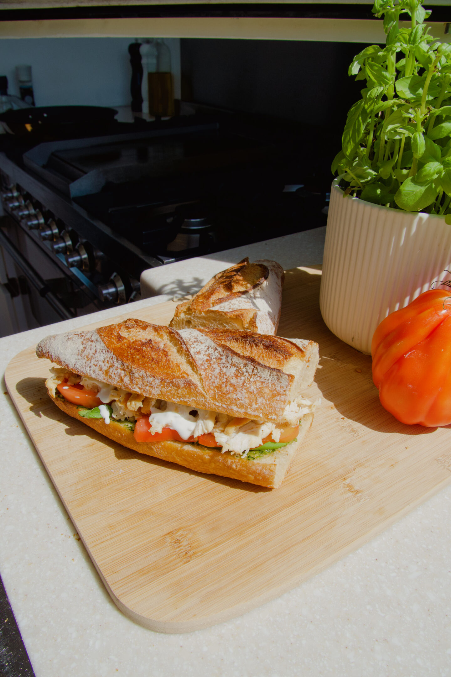 caprese sandwich on baguette with mozzarella, tomato, basil, pesto and chicken