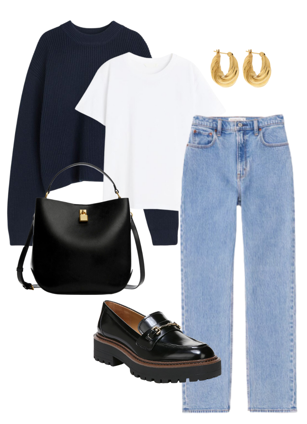 navy sweater, white t shirt, black purse, gold earrings, blue jeans, black loafers
