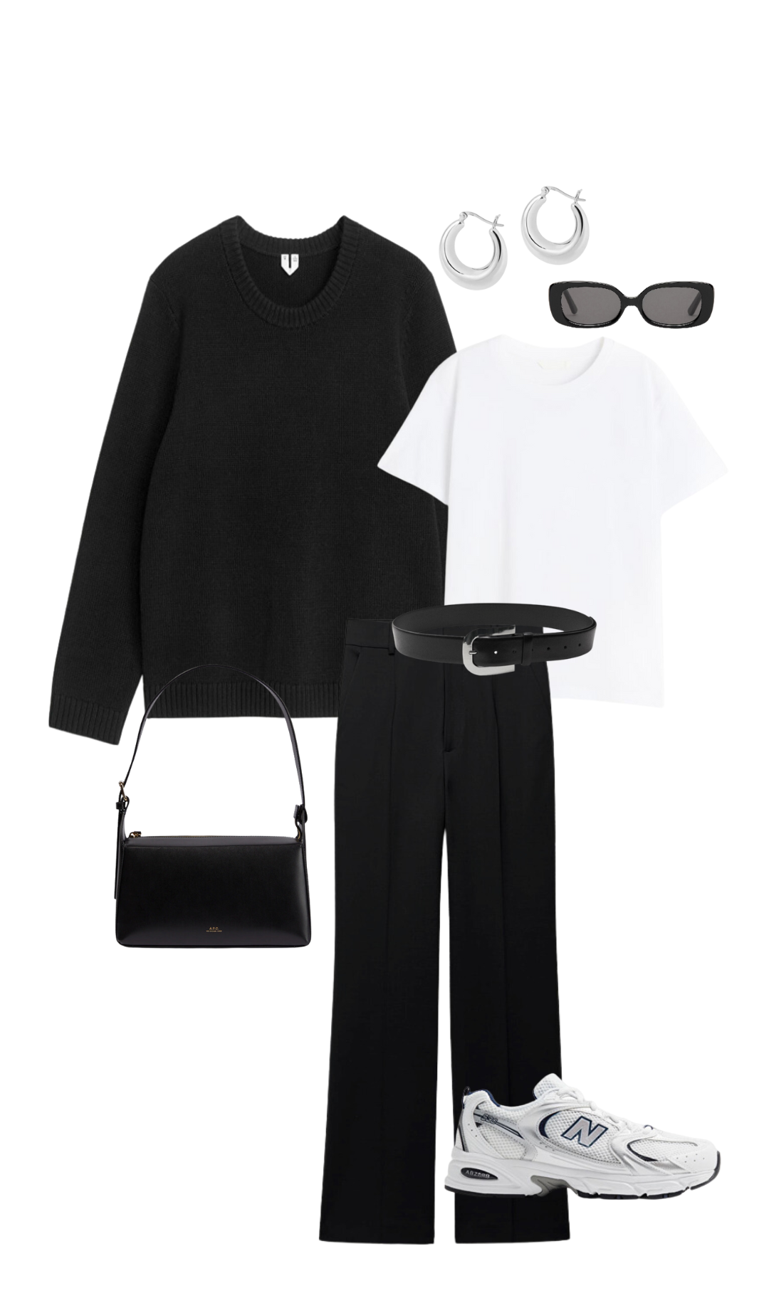 black sweater, white t-shirt, black purse, black trousers, black sunglasses, new balance 530 sneakers, silver earrings, black belt with silver buckle