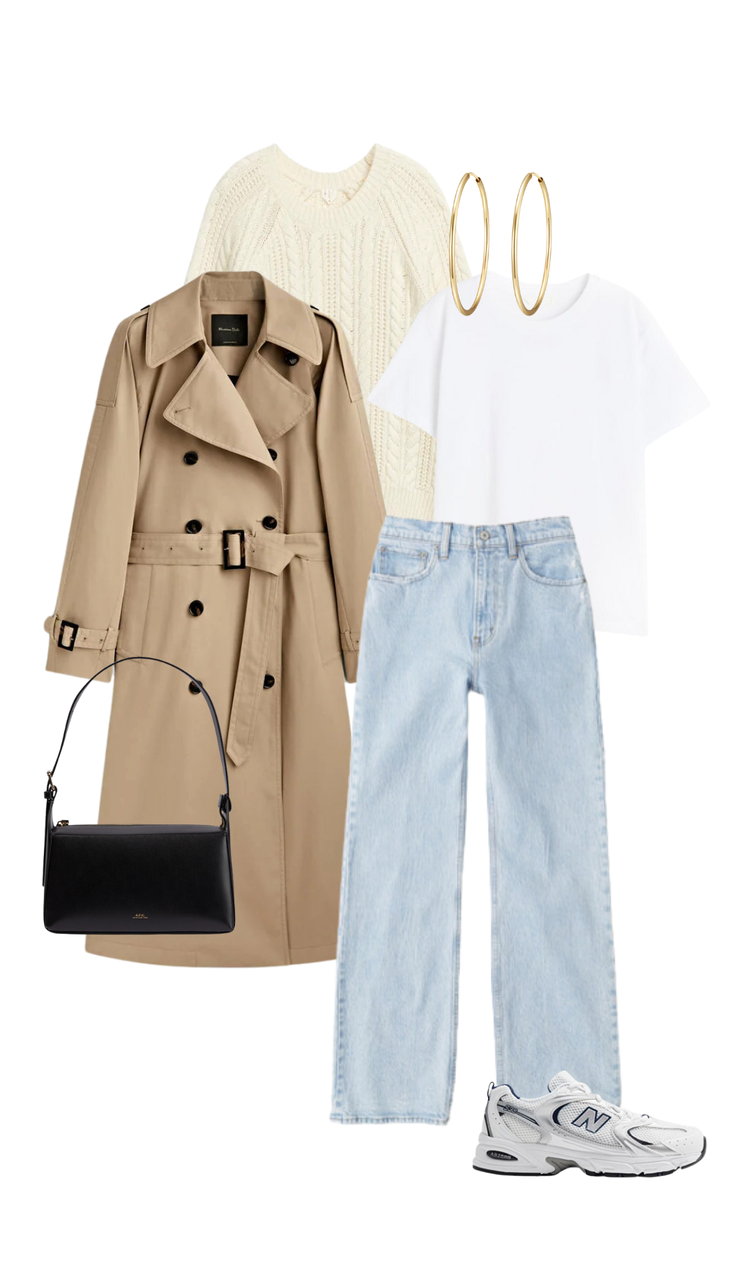 beige trench coat, black purse, light wash flare jeans, white t shirt, cream cable knit sweater, new balance 530 sneakers, gold hoop earrings