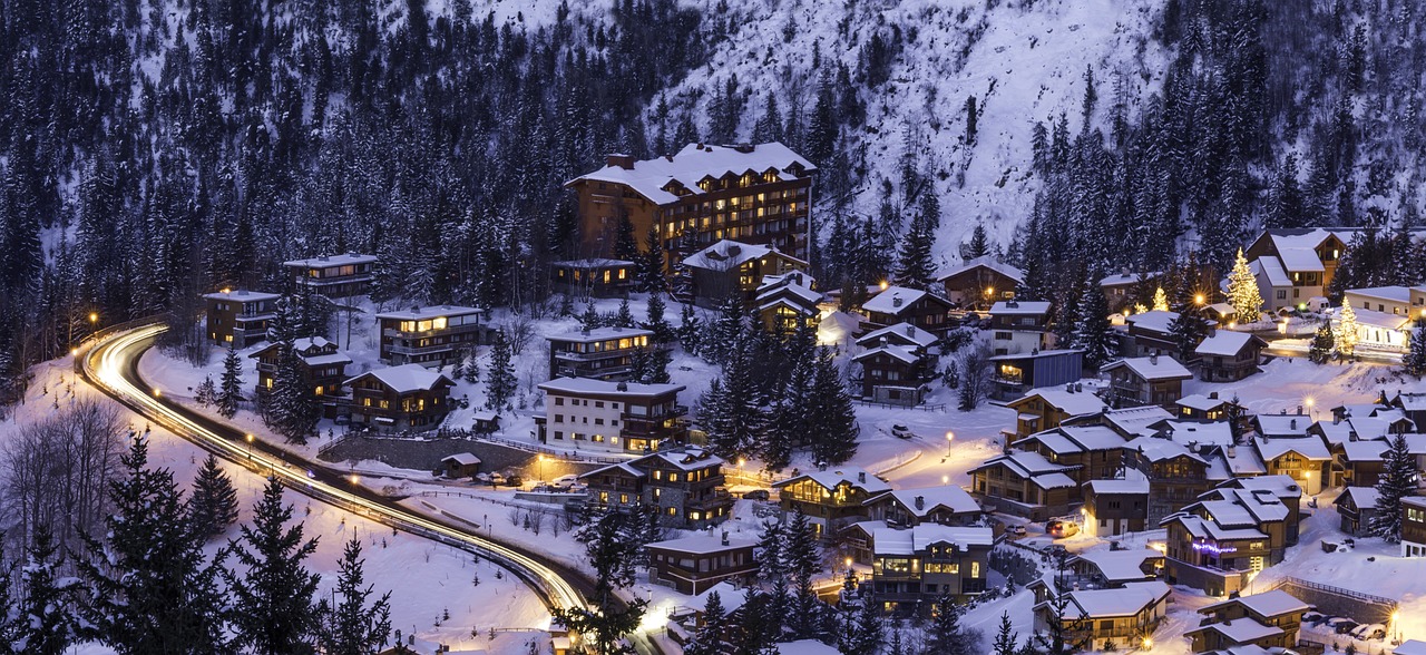 Ariel view of courchevel at night covered in snow