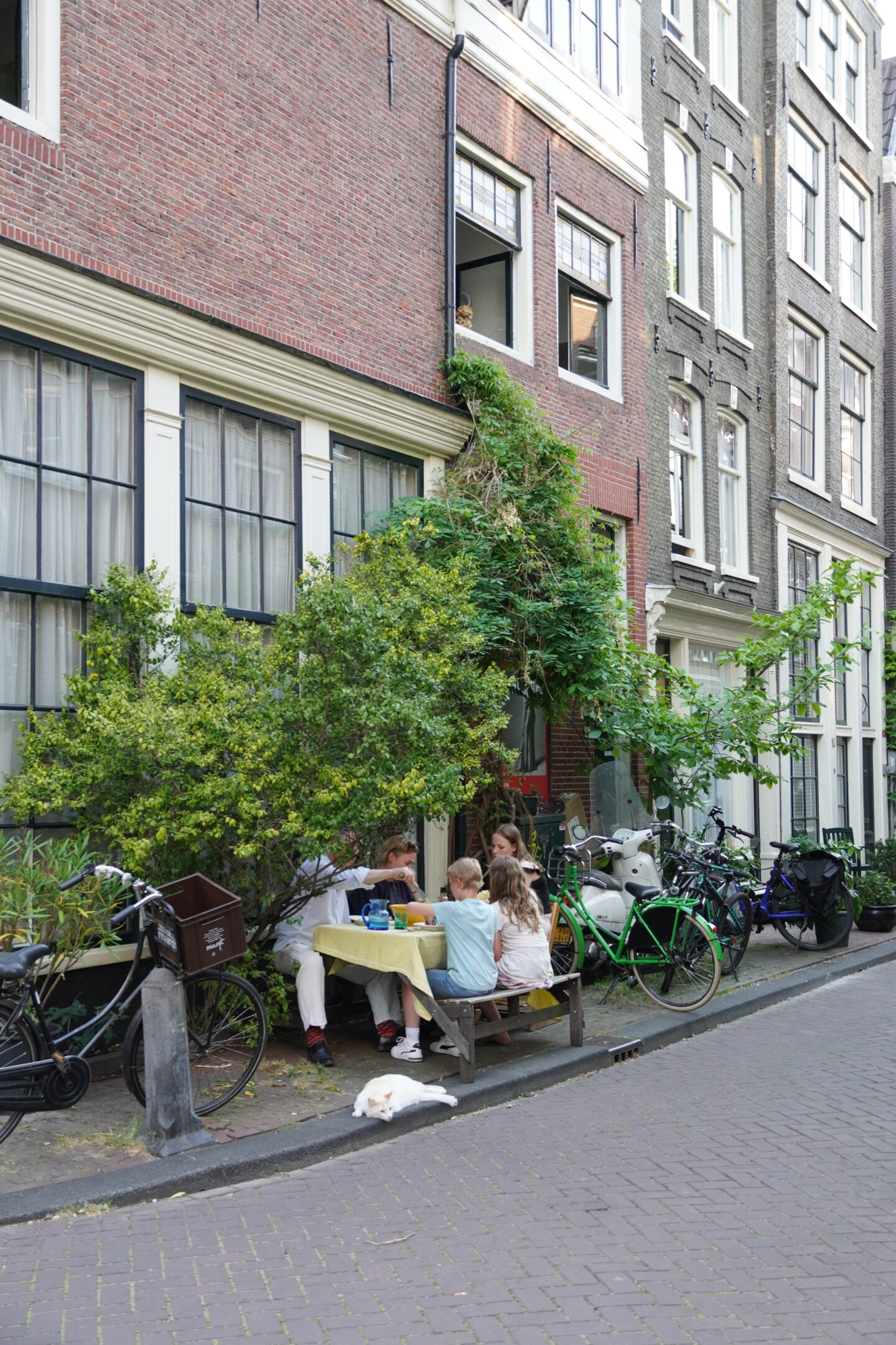 dutch family enjoying dinner at a table on the sidewalk outside their home