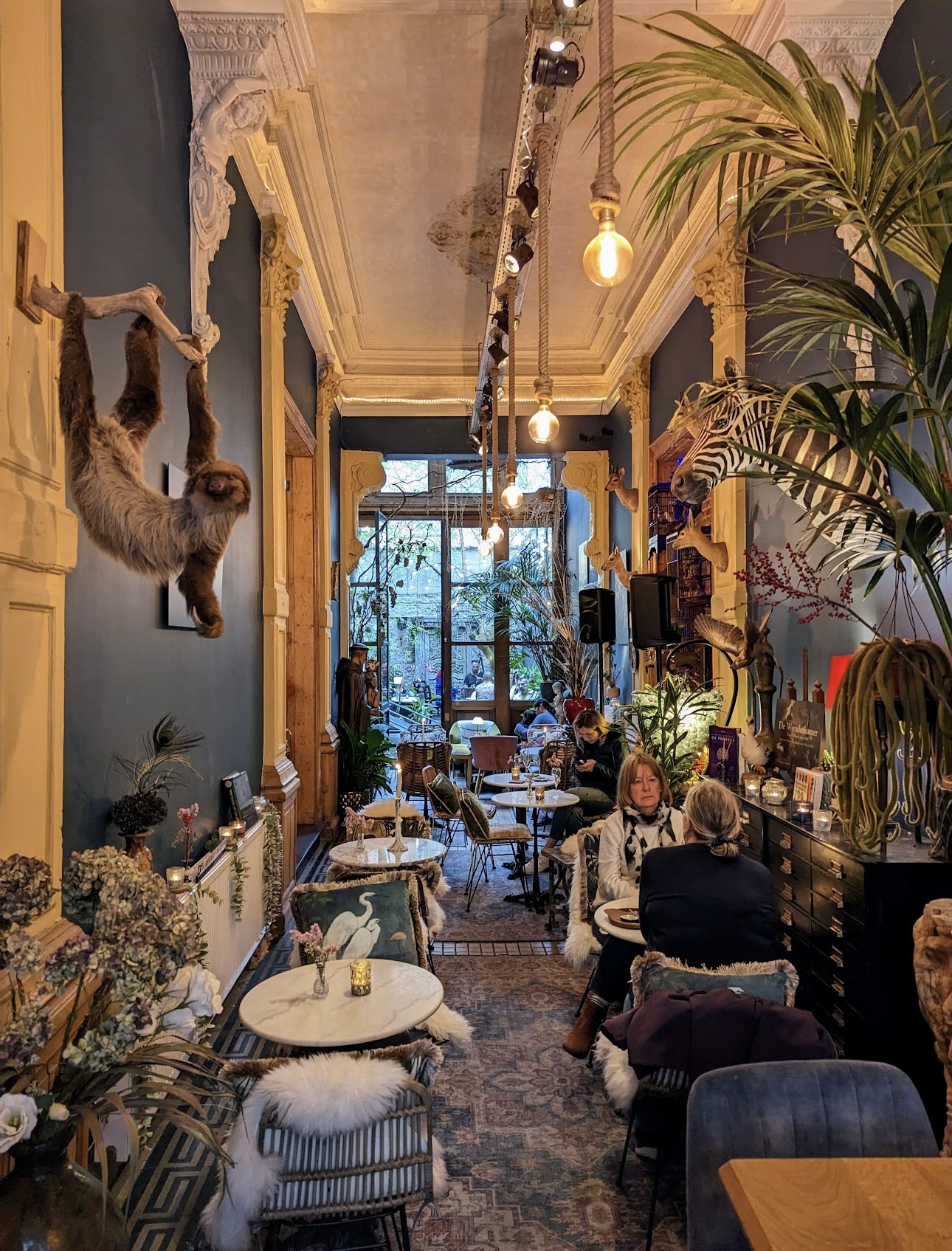pelgrimhuis restaurant interior in Antwerp Belgium with taxidermy sloth and taxidermy zebra hanging on wall