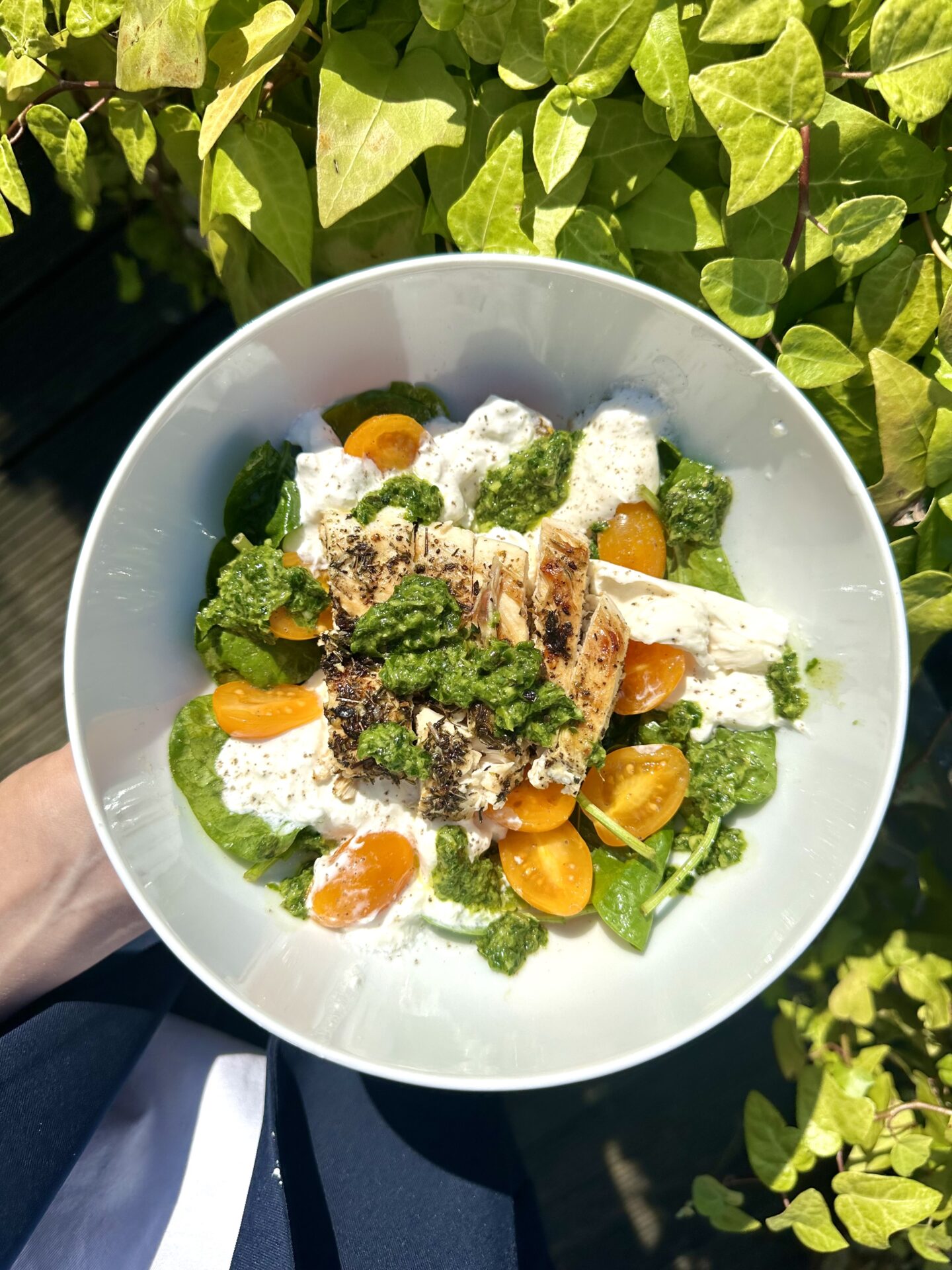 easy summer salad with pesto, burrata, sungold tomato and grilled chicken mikaela Higgins wanderluxe